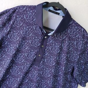 Greyson Shirt Men Navy Blue Golf Wolf Crest Pattern Performance Polo XL #852